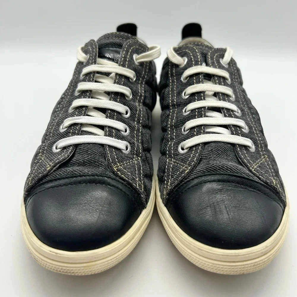 Chanel quilted denim leather lined low top sneakers shoes authentic 38
